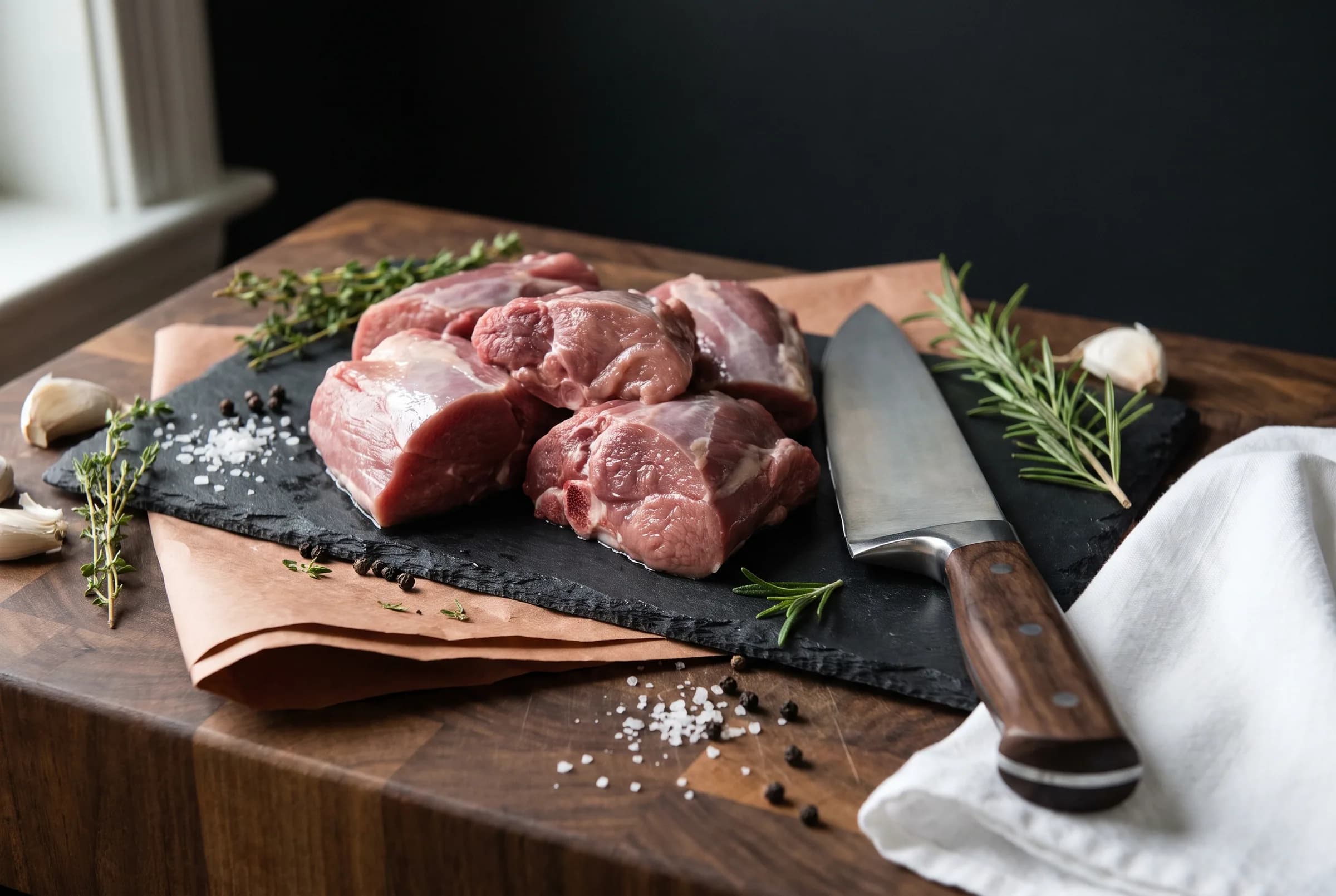 A steel butcher's knife beside freshly portioned boneless mutton on a walnut block
