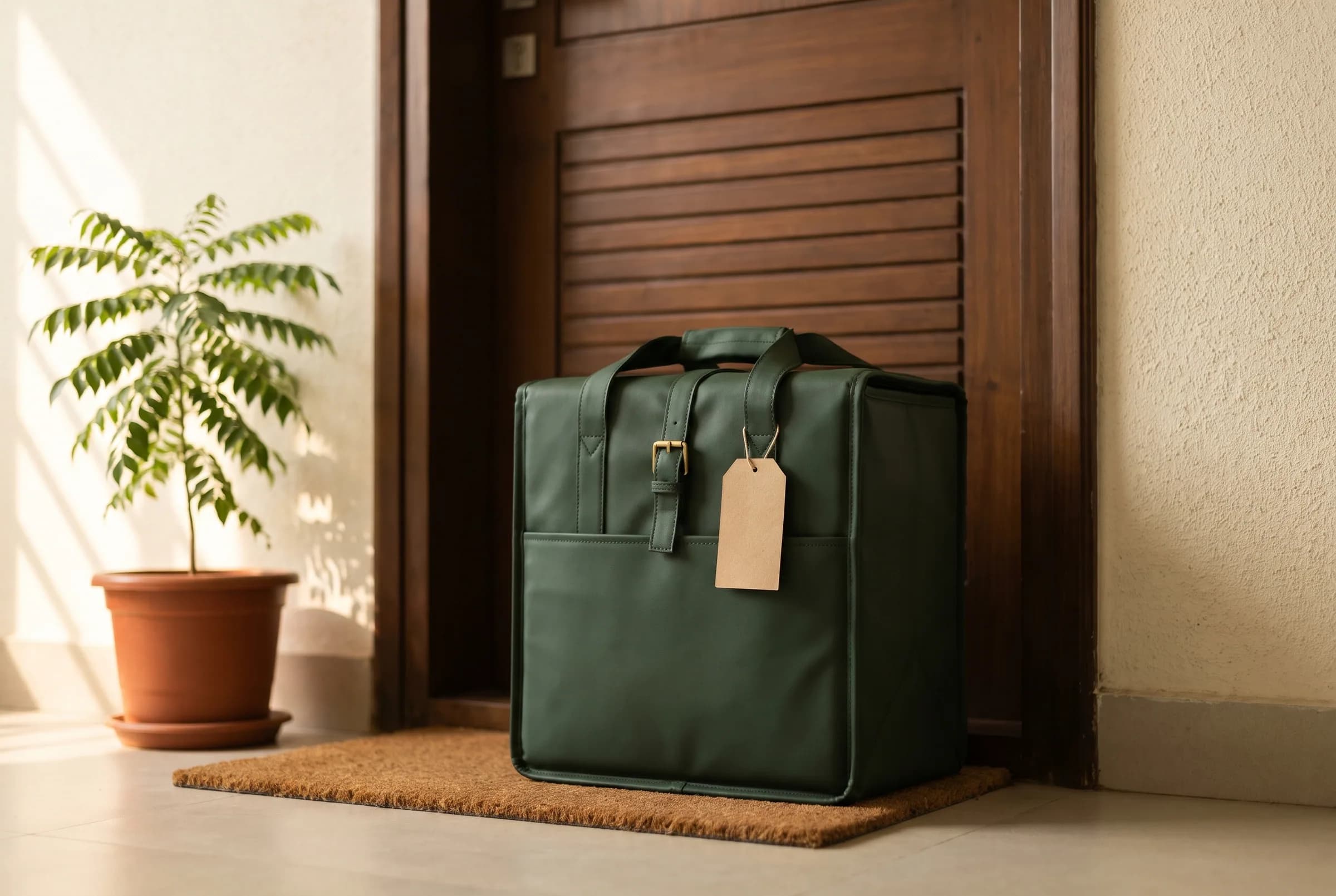 A green insulated delivery bag waiting at an apartment door