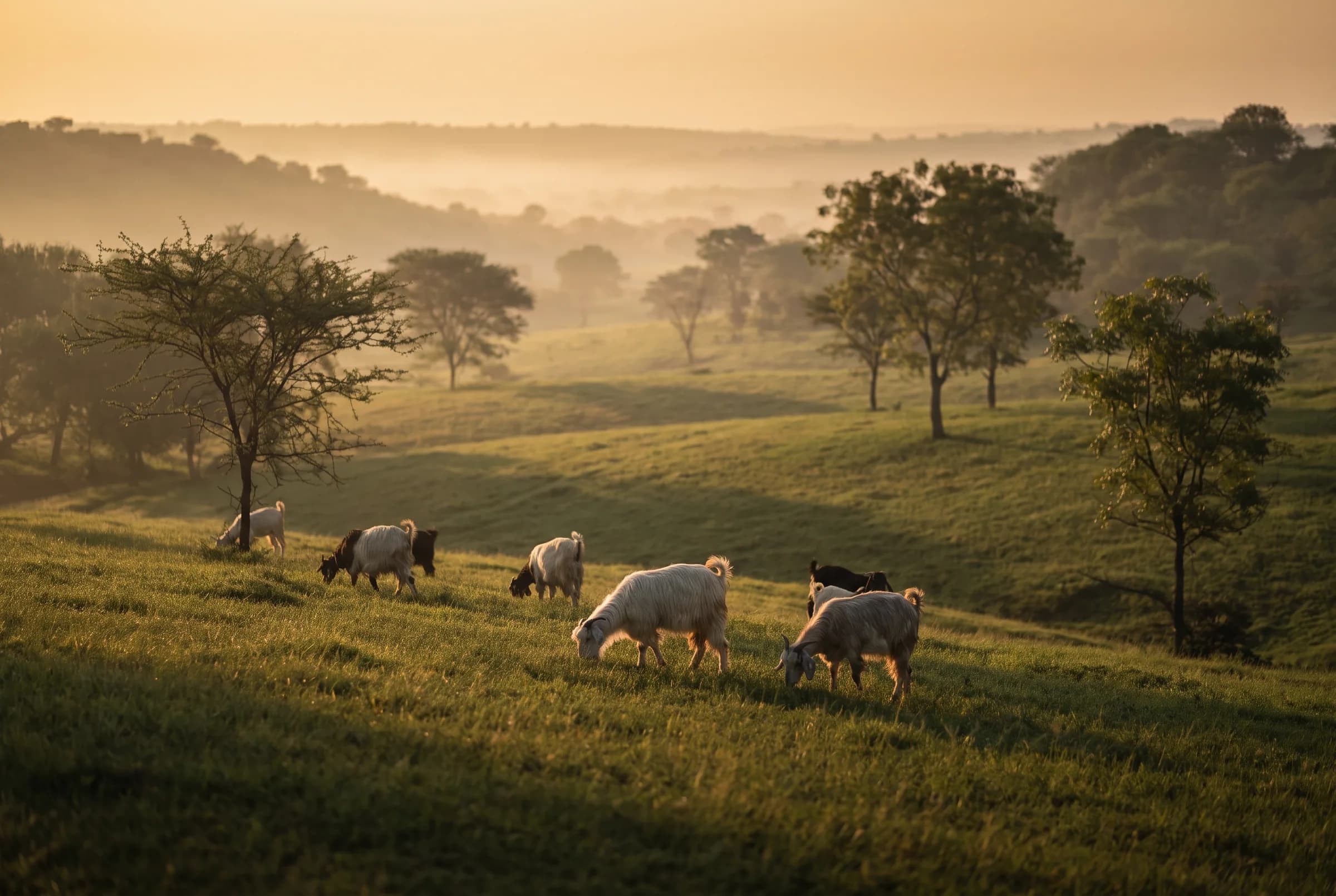 Goats grazing on rolling green hills at golden hour