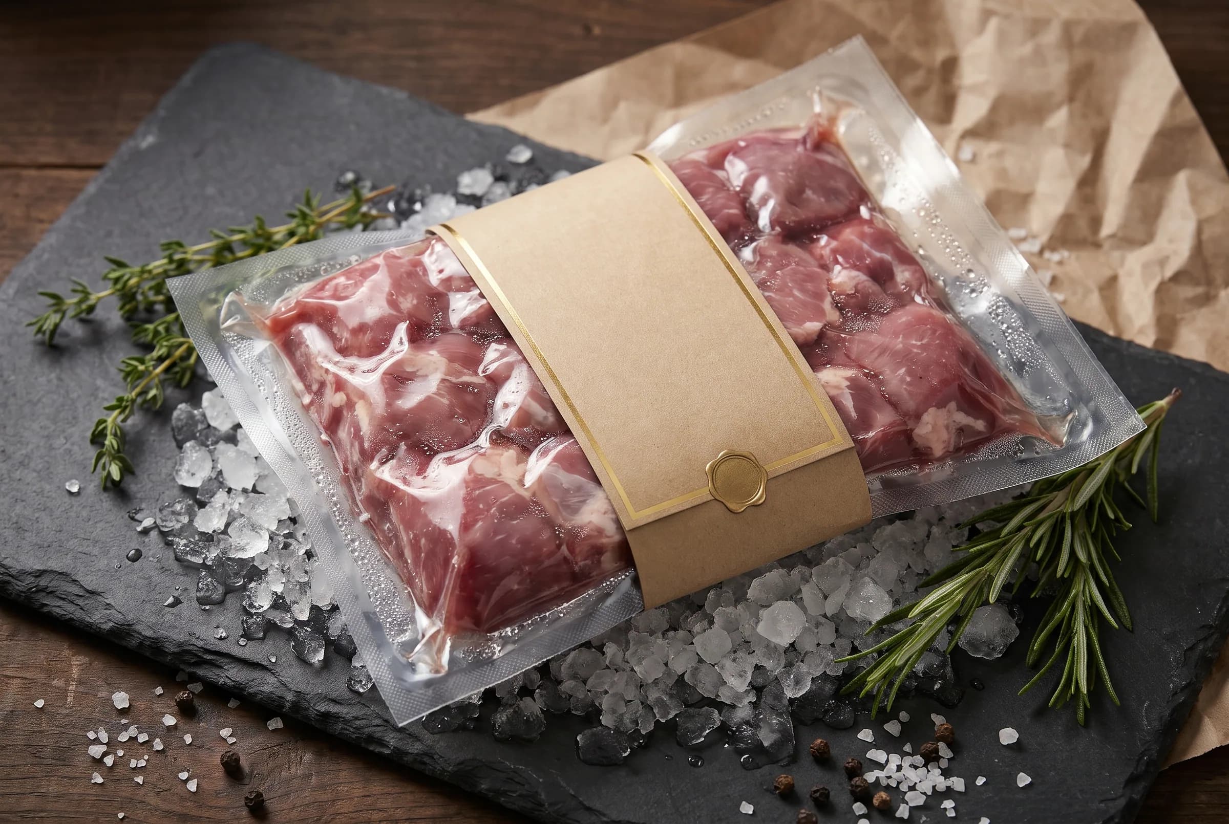 A vacuum-sealed pack of boneless mutton resting on crushed ice