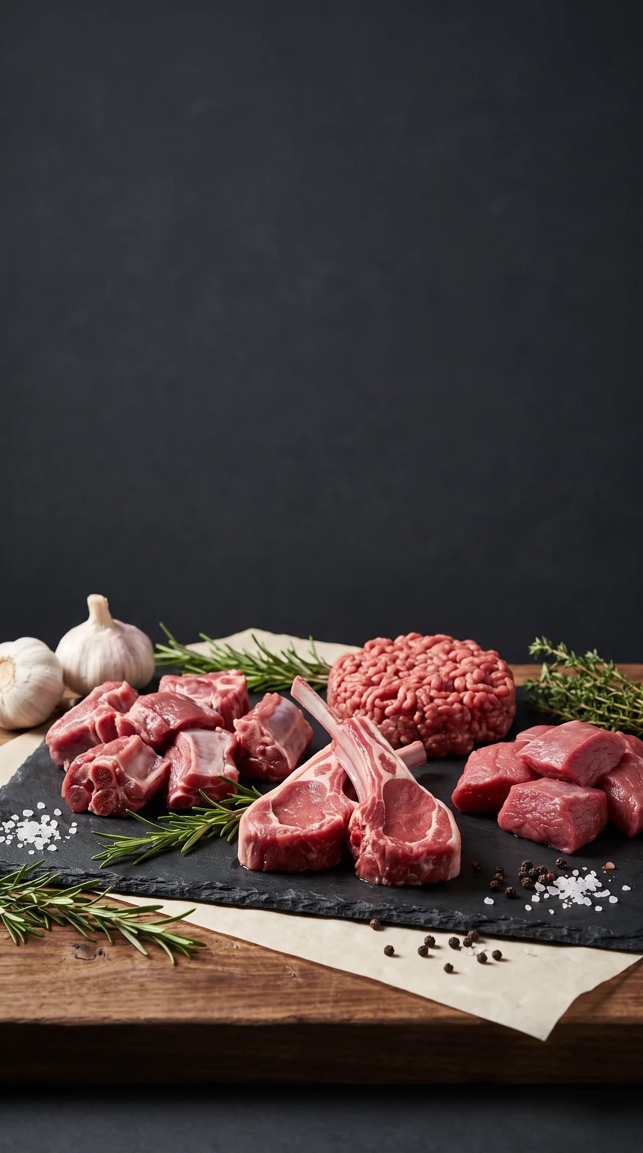 Assorted fresh mutton cuts, including curry pieces, chops, mince and boneless cubes, on butcher paper and dark slate with rosemary, thyme and garlic