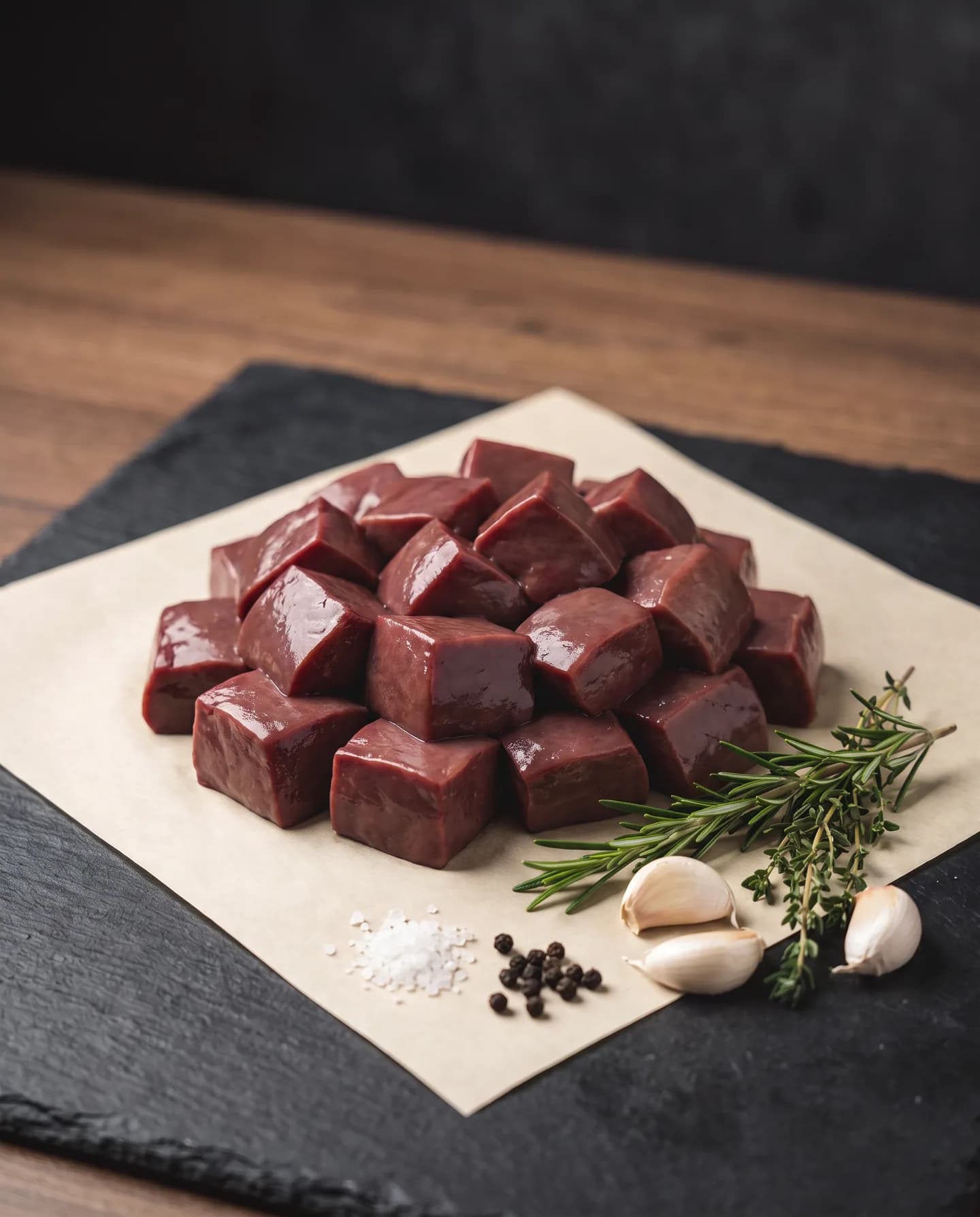 Neatly cubed fresh mutton liver (kaleji) on butcher paper with rosemary and garlic