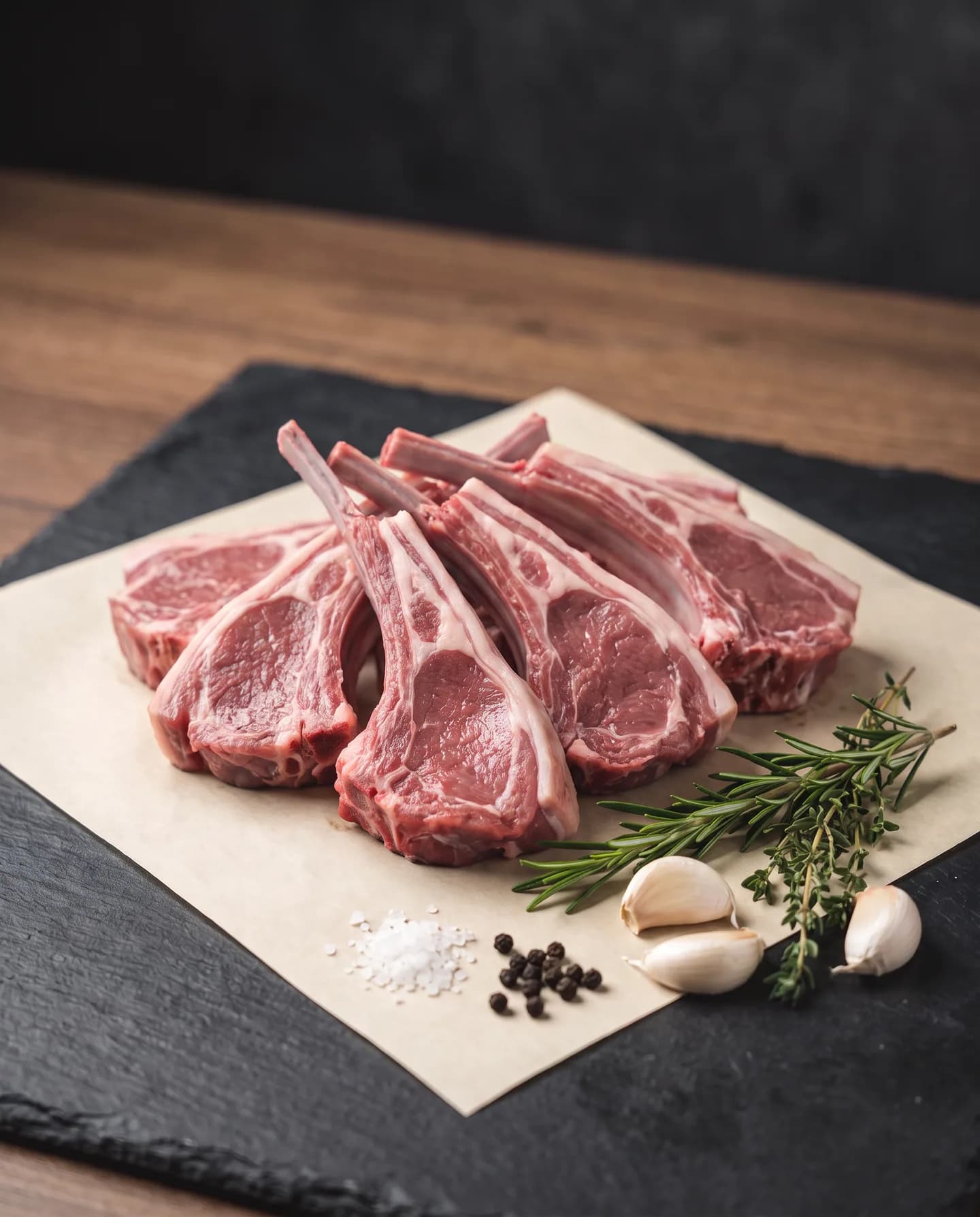 Trimmed mutton rib chops fanned out on butcher paper with rosemary and garlic