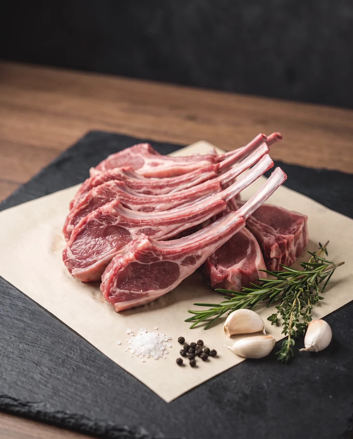 Lean bone-in mutton ribs stacked on butcher paper with rosemary and garlic
