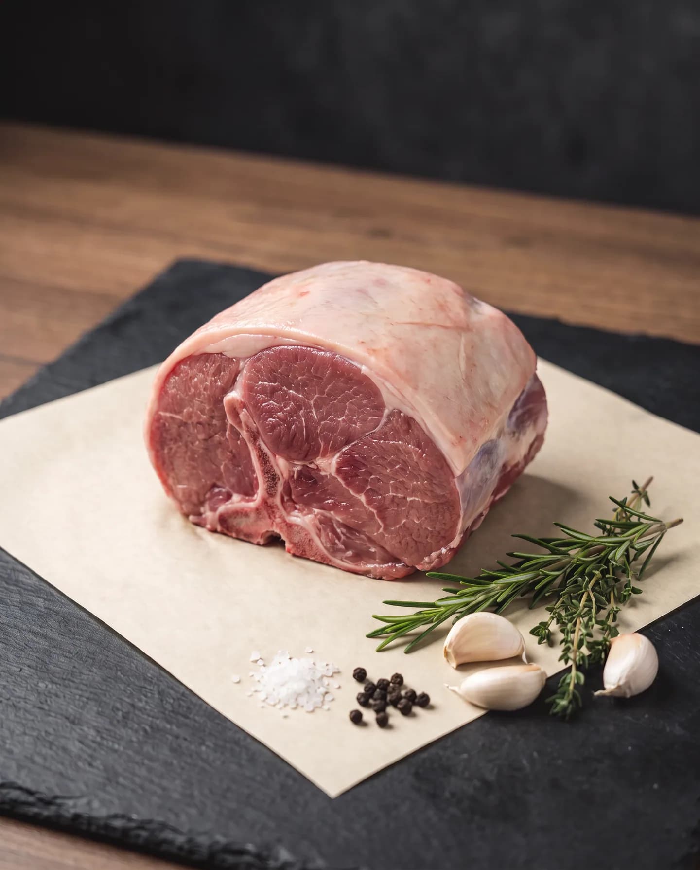 A whole mutton shoulder joint on butcher paper with rosemary and garlic