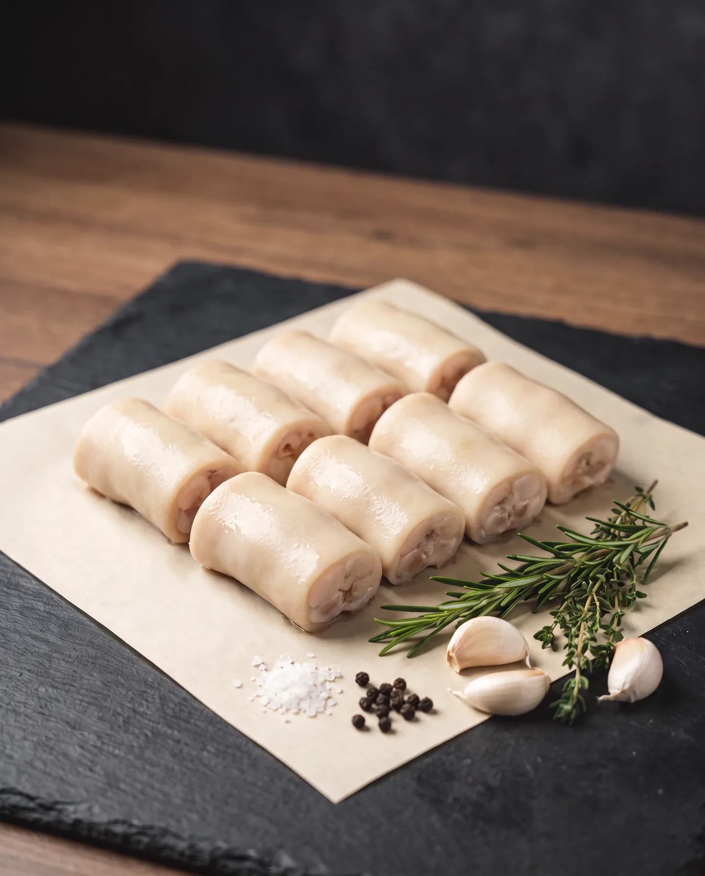 Cleaned paaya trotter pieces in neat rows on butcher paper with rosemary and garlic