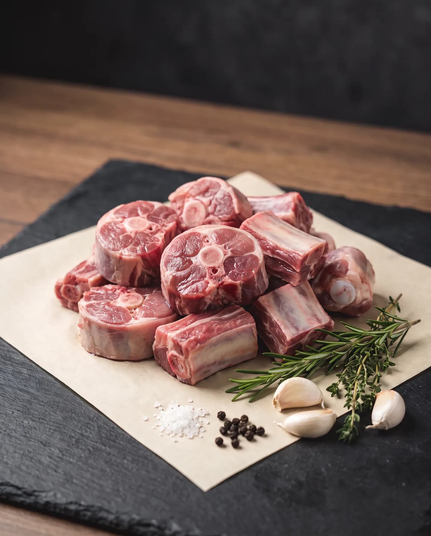 Meaty mutton soup bones on butcher paper with rosemary and garlic